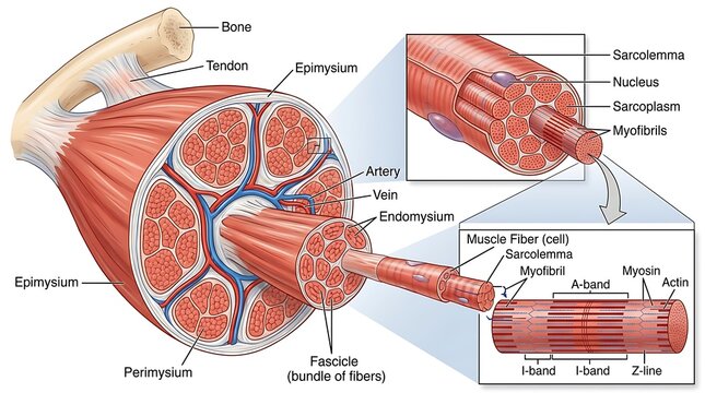 Detailed hierarchical cross-section of skeletal muscle fiber anatomy
