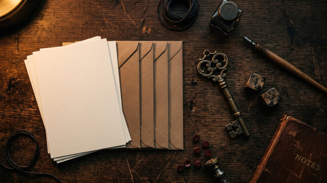 Vintage wooden desk with blank cards, brown envelopes, antique key, inkwell, quill pen, and dice, evoking a mysterious atmosphere for mystery games.