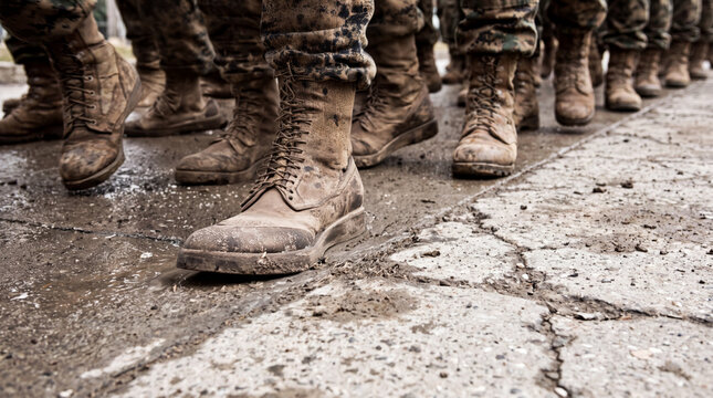 Close up of dusty military combat boots of soldiers standing on ground