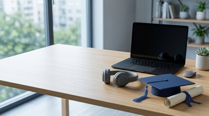 Naklejka premium Headphones, laptop, and graduation cap on modern desk in bright office