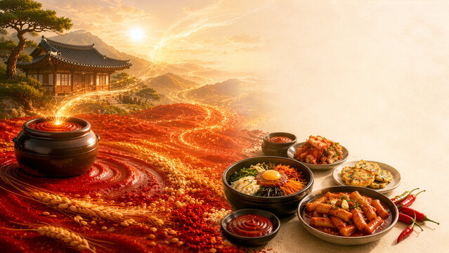 고추장과 고춧가루, 찹쌀과 엿기름이 황금빛 산수 풍경처럼 이어지고, 한옥과 옹기, 비빔밥과 떡볶이 등 한식이 어우러진 한국 발효음식 판타지 배경