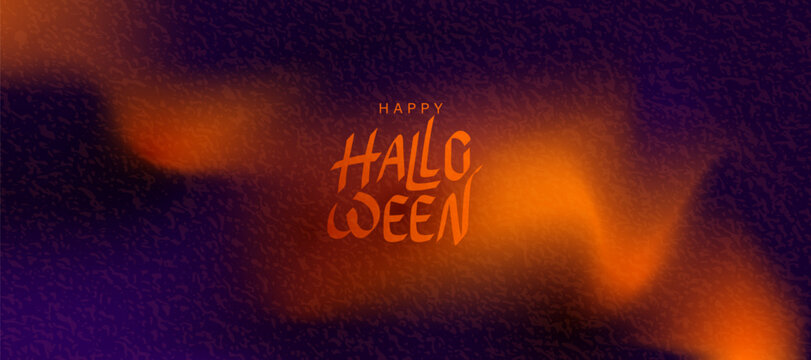 Halloween background with glowing orange gradient light waves and Happy Halloween text. Dark purple vector banner with noise texture, ideal for party poster or social media cover.