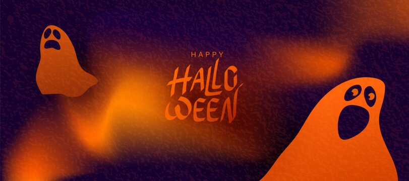 Halloween background with spooky orange ghost characters and Happy Halloween text. Dark purple vector banner with gradient light and noise texture, ideal for party invitation or poster