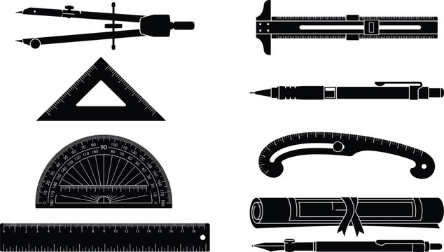 Technical Drawing Tools Silhouette Icon Set with Compass Ruler Protractor and Drafting Instruments