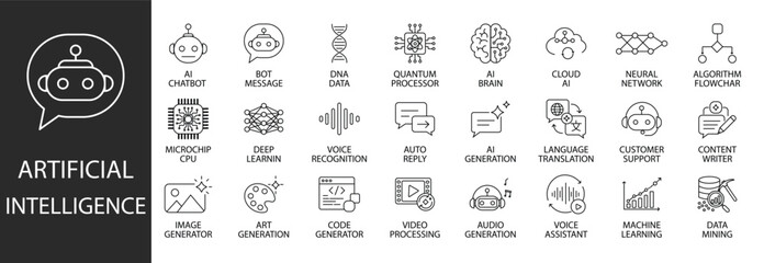 Artificial intelligence line icon set featuring chatbot, neural network, quantum processor, deep learning, voice recognition, language translation, and image generator for tech UI design. © Elahi