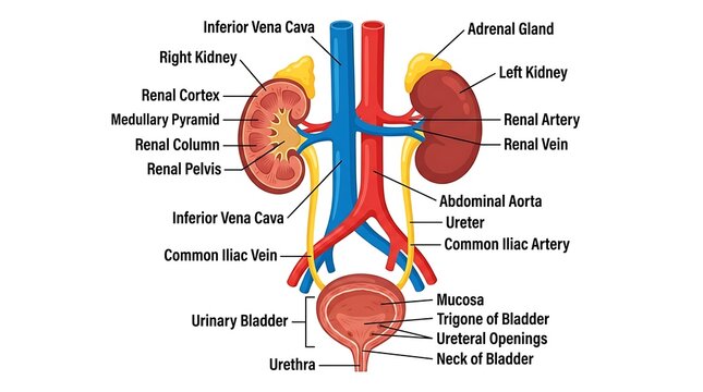 Anatomical diagram of the human urinary excretory system and kidney structure
