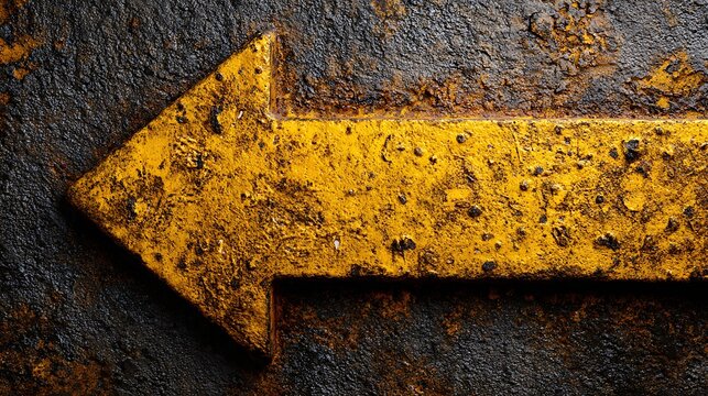 A close-up shot of a rusted, yellow arrow painted on a textured, dark, metal surface