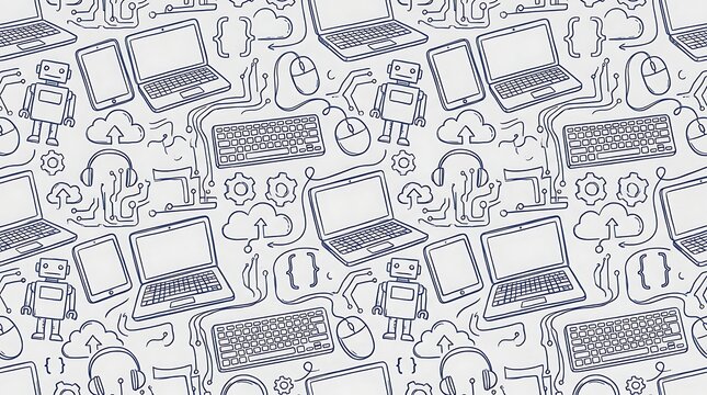 Seamless pattern with hand drawn computer and technology icons on light gray background