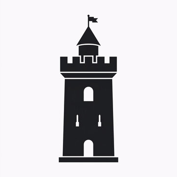 Black castle tower silhouette vector icon design. Minimalist medieval fortress watchtower graphic for apps and games.