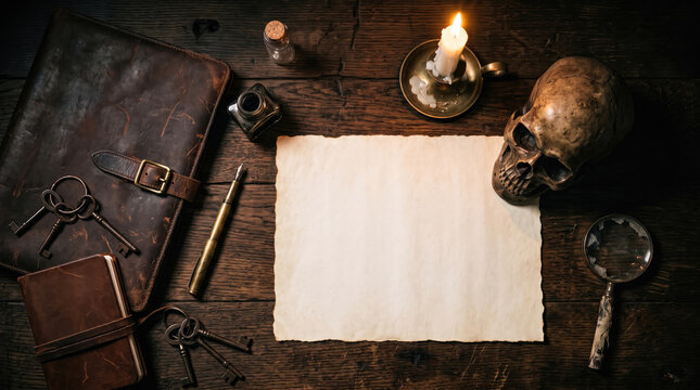 Mysterious investigation desk with blank parchment, human skull, leather book, and keys in a dark moody atmosphere