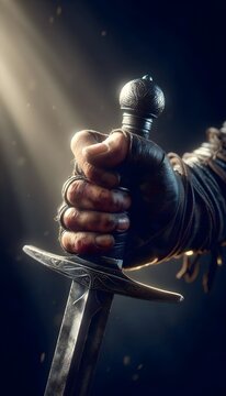 Leather gloved hand gripping an ornate ancient sword in dark.