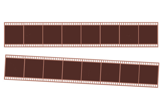 Vector illustration of 35mm film strips on isolated background. Blank retro negative frames for cinematic design, photography template. Empty analog movie tape border. brown cinema photo roll mockup