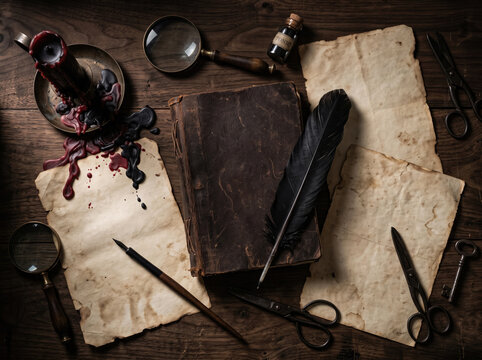 Vintage dark academia desk with old parchment paper, black feather quill, magnifying glass, and melting wax candle