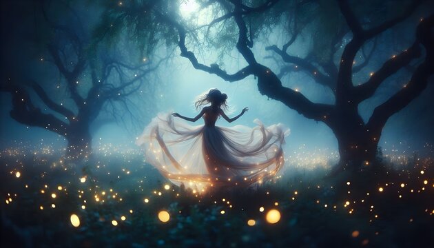 Woman dancing in a dreamy night forest with glowing fireflies.