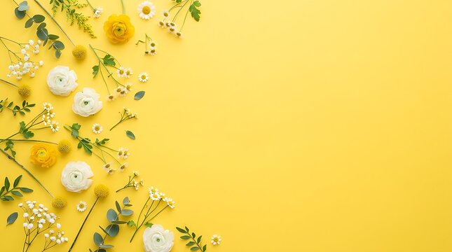 White and Yellow Flowers on Yellow Background for Spring Design