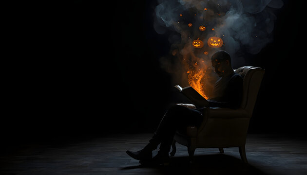 man sitting in armchair reading glowing magic book with smoke and halloween pumpkins floating on dark background