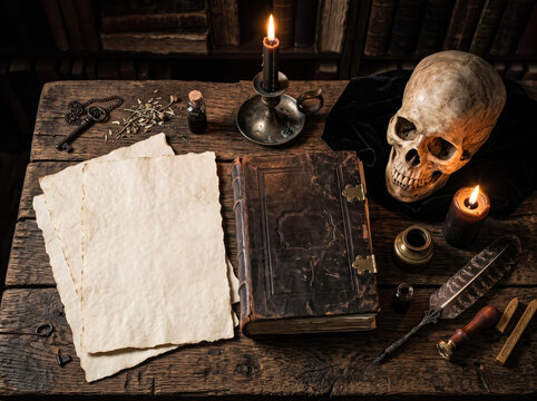 Gothic study workspace featuring a human skull, antique leather book, burning candles, and blank parchment paper
