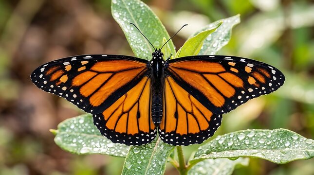 Vibrant orange monarch butterfly on wet leaves in natural setting