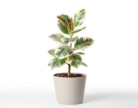 Potted variegated Ficus elastica rubber plant with striking green, cream, and pink leaves, isolated on a white background. Perfect for modern interior design and clean botanical layouts.