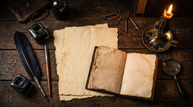 Gothic detective desk flat lay with antique parchment paper, quill pen, inkwell, keys, and candle on dark wood