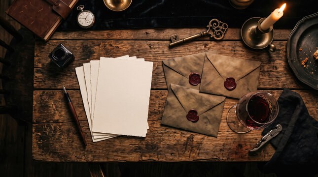 Dinner party mystery invitation scene with wax sealed envelopes, parchment, quill, keys, and wine on wood table