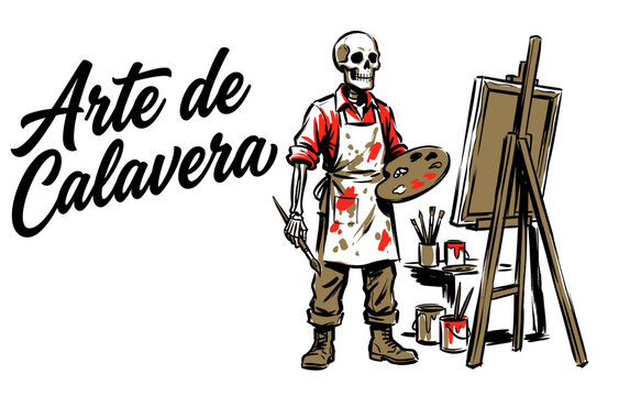 Skeleton artist painting on canvas with palette and easel. Art studio illustration for t-shirt print and poster design.