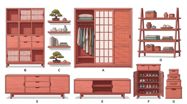 Collection of modern wooden furniture pieces including wardrobes shelves cabinets and storage units for home interior design