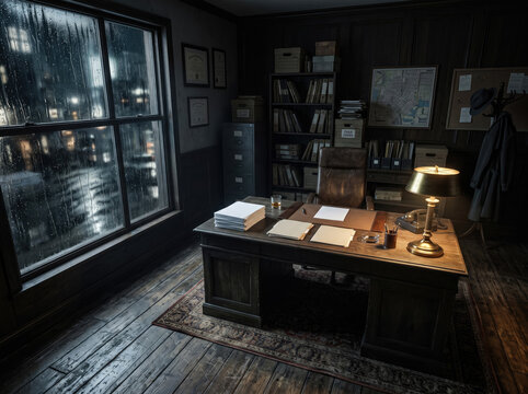 Atmospheric detective office with rainy window, leather chair, desk lamp, and files in a dark room