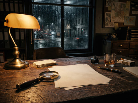 Close up of a detective desk at night with a magnifying glass whiskey glass and papers in a noir office