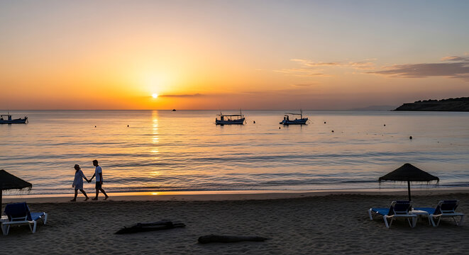 Sunset scene with a couple walking on a sandy beach boats on the water and straw umbrellas