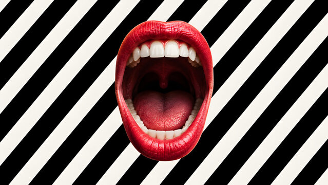 Open mouth with red lipstick on diagonal striped background, isolated on a, transparent background