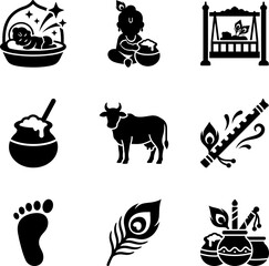 Set of Nine Hindu Festival Janmashtami Icons Featuring Lord Krishna Symbols. © digital