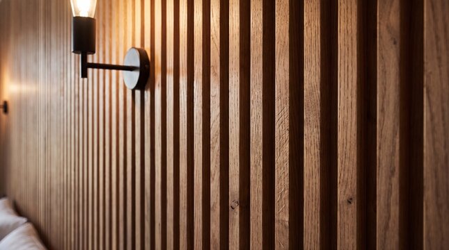 Modern Interior Wall with Vertical Wooden Slats and Warm Wall Lamp