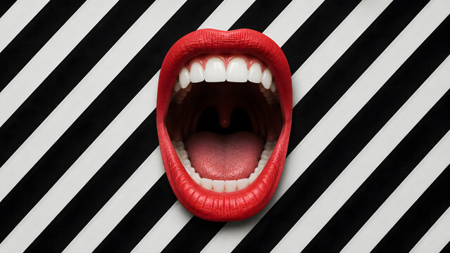 Open mouth with red lipstick on striped background, isolated on a, transparent background