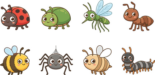 Naklejka premium Kawaii Bug Characters Clipart Collection Featuring Cute Big Eyed Ladybug Green Leaf Beetle Mosquito Ant Bumblebee Spider Honey Bee and Centipede