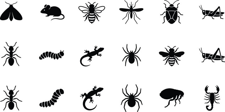 Insect and Pest Silhouette Icon Set Featuring Moth Mouse Bee Mosquito Beetle Grasshopper Ant Caterpillar Lizard Spider Flea and Scorpion