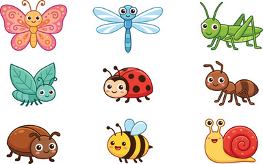 Obraz premium Sweet Children Nursery Insects and Garden Bugs Clipart Collection Featuring Pink Butterfly Dragonfly Grasshopper Leaf Bug Ladybug Brown Ant Beetle Bee and Cute Snail