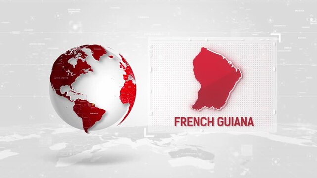 French Guiana 4K Tech Map Beside Globe On White Background.