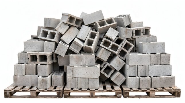 Stack of gray concrete cinder blocks neatly arranged on wooden pallets for construction