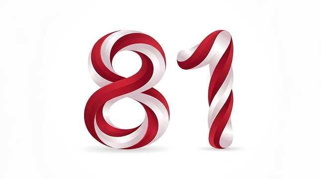 Candy cane number 81 with red and white peppermint stripes isolated on white background