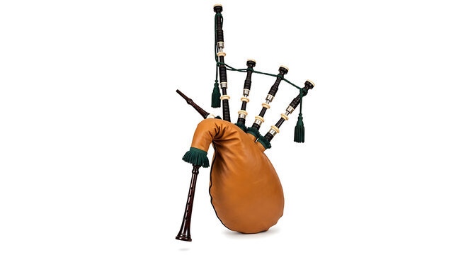 A Traditional Bagpipe Instrument With Wooden Chimes And A Leather Bag On A White Background