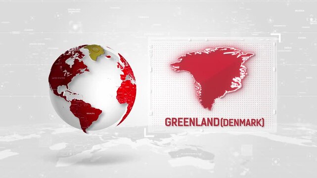 Greenland(Denmark) 4K Tech Map Beside Globe On White Background.