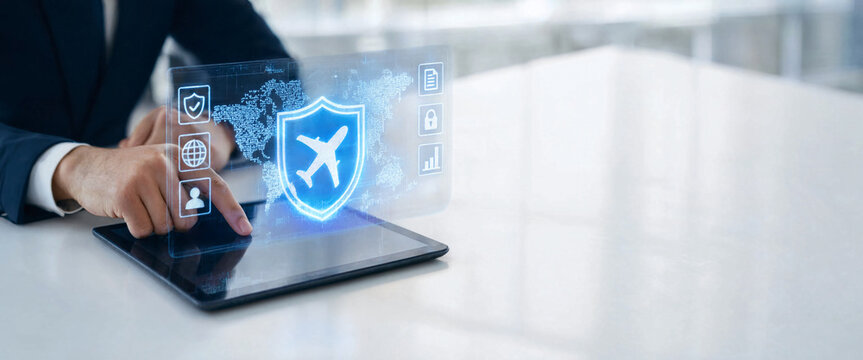 Business person using digital tablet with holographic shield interface for travel insurance protection.