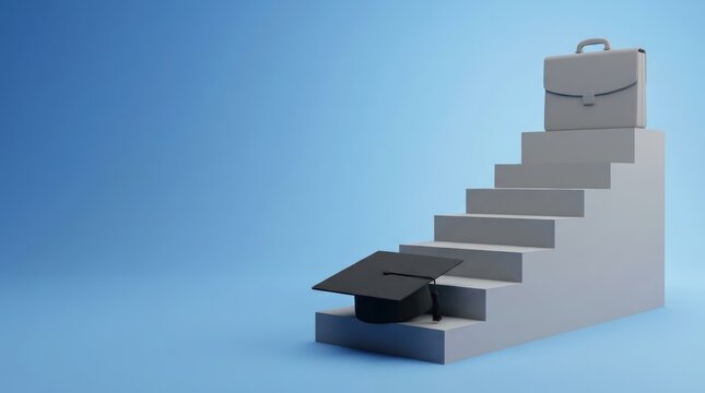 Graduation cap and briefcase on staircase symbolizing career progression