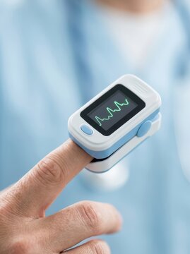 Patient actively monitoring pulse oximeter readings in natural daylight
