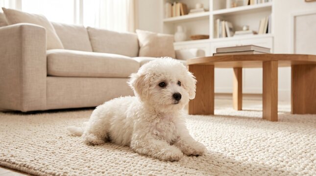 Adorable white bichon frise puppy lying on a woven rug in a bright, modern living room.