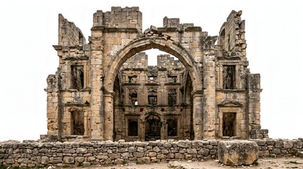 Fototapeta premium Ancient ruined stone archway of a historic building with intricate carvings and weathered walls