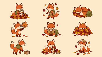 Fototapeta premium Cute Cartoon Fox Cub Vector Illustration Set with Backpack and Books, Playing and Resting in Autumn Leaves, Adorable Woodland Animal Character Design