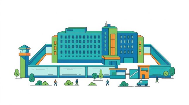 Flat vector illustration of a high security prison building