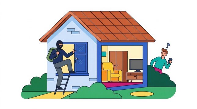 Illustration of a burglar entering a house through a window